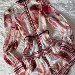 Karen Millen White and Pink Floral Mini Dress with Attached Belt, Size: 10